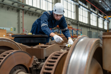 Fototapeta na wymiar engineer inspecting electric train repair and maintenance in maintenance station