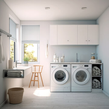 Modern clean laundry room with washing machine and dryer with shelves.
