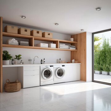 Modern Laundry Room With Washing Machine, Dryer And Cabinets, laundry room interior.