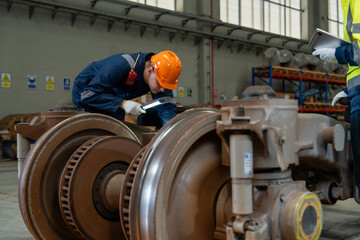 engineer inspecting electric train repair and maintenance in maintenance station