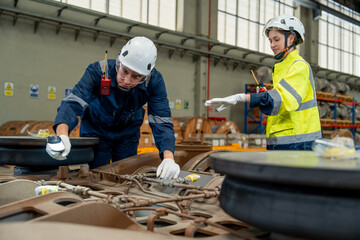 Female technician and engineer holding walkie talkie wearing helmet uniform inspects repair and maintenance of electric vehicle wheel and suspension system in electric train maintenance station.