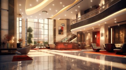 Hotel entrance hall, Hotel lobby floor with modern interior.