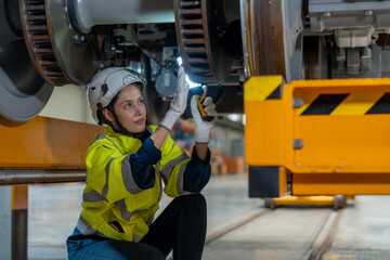 Female engineer inspecting electric train repair and maintenance in maintenance station