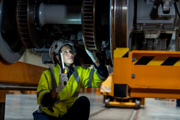 Female engineer inspecting electric train repair and maintenance in maintenance station