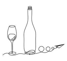 Drawing line bottle of champagne or wine with paper plane on the white background