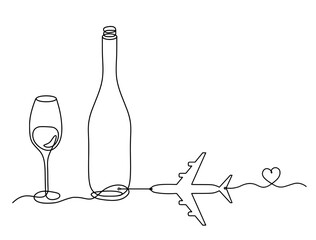 Drawing line bottle of champagne or wine with plane on the white background