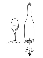 Drawing line bottle of champagne or wine with light bulb on the white background