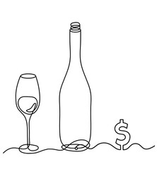 Drawing line bottle of champagne or wine with dollar on the white background