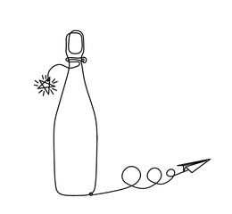 Drawing line bottle of champagne or wine with paper plane on the white background