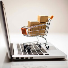 Online shopping and e-commerce with laptop and shopping cart, Concepts about online shopping that consumers can buy things directly from their home.