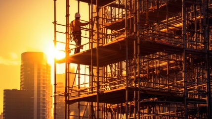 Construction worker on scaffolding in industrial construction during sunset. - obrazy, fototapety, plakaty