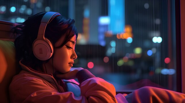 beautiful young girl relaxing to lo-fi music on headphone. neon-lit night street background of Tokyo from the window of her room. generative AI