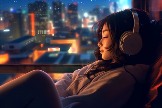 beautiful young girl relaxing to lo-fi music on headphone. neon-lit night street background of Tokyo from the window of her room. generative AI