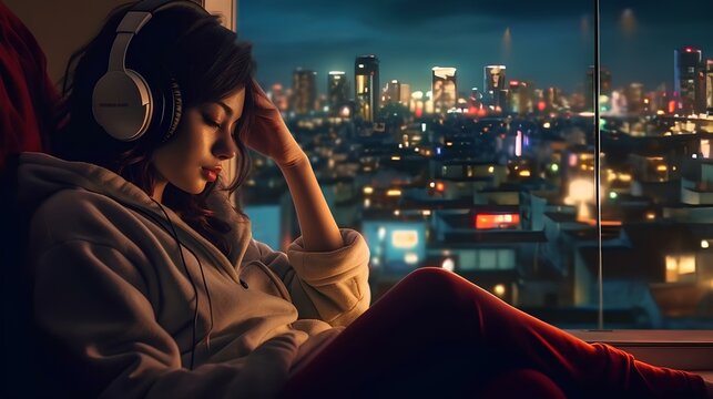 beautiful young girl relaxing to lo-fi music on headphone. neon-lit night street background of Tokyo from the window of her room. generative AI