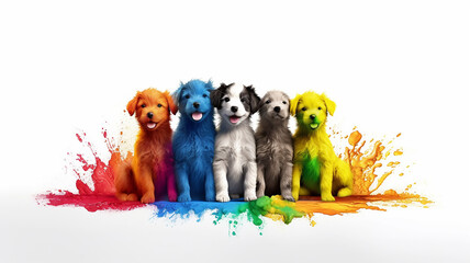 multicolored paint dogs. Generative AI. spectrum, symbol of creativity, fantasy, isolated on a white background