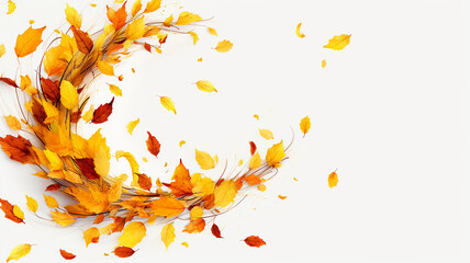 a swirl of yellow autumn leaves isolated on a white background. Generative AI