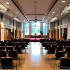 Spacious hall for lectures and presentations, Big conference room indoor background.