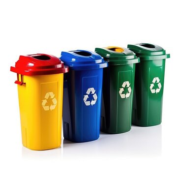 Recycling Bins Set, Garbage bins in 4 Different Color, Color coded garbage bins with recycling symbols.
