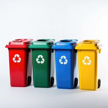 Recycling Bins Set, Garbage bins in 4 Different Color, Color coded garbage bins with recycling symbols.