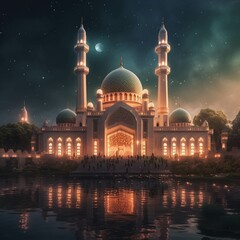 Ramadan Kareem background with mosque and lanterns
