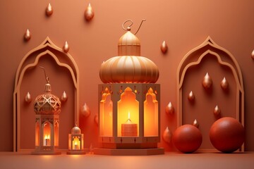Obraz premium Ramadan Kareem background with arabic lantern and mosque