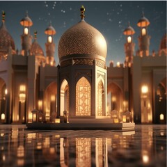 Ramadan Kareem background with mosque and lanterns