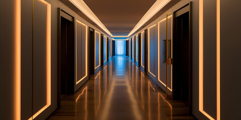 Hotel Flur mit schöner Belichtung im edlen Stil, ai generativ