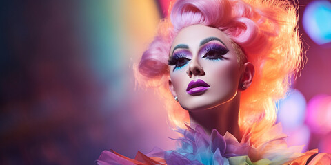 Naklejka premium Schöne Drag Queen Gesicht mit aufwendigen Makeup und Hairstyling in Pink Farben Nahaufnahme, ai generativ