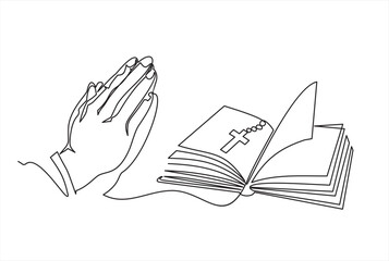 Continuous single one line drawing of open bible, cross and Two Hands Pressed Together in Prayer Position. Action for Prayer, Gratitude, Greeting and Thankful Isolated on White Background