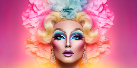 Schöne Drag Queen Gesicht mit aufwendigen Makeup und Hairstyling in Pink Farben Nahaufnahme, ai generativ