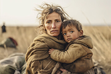 A young homeless woman with a child on the street. Poor homeless people. Migrants and immigrants. Hunger and poverty