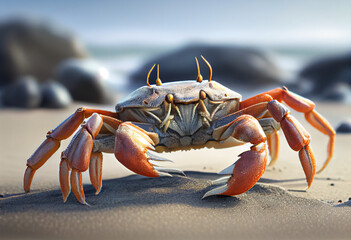 Fototapeta na wymiar Crab on the beach. Crab posing for the camera, wide angle, distortion. AI generated.