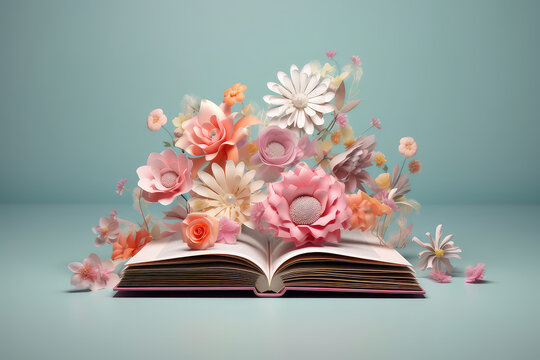 Front view of open book, from which beautiful origami paper flowers grow. Pastel colors. Creative minimal idea for digital library and bookstore. Generative AI 3d render illustration imitation.