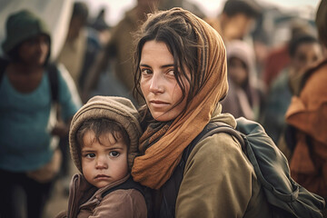 A young homeless woman with a child on the street. Poor homeless people. Migrants and immigrants. Hunger and poverty - obrazy, fototapety, plakaty