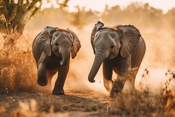 Two Elephants Racing in Dusty Field with Savannah Backdrop