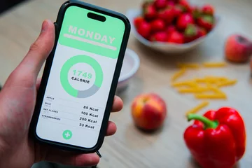 Poster calorie counting app on smartphone screen. Getting in shape and losing weight. © Kamil