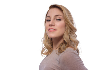 Fototapeta premium Attractive blonde woman posing on a white background.