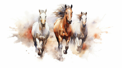 Plakat running horses watercolor on a white background dynamics composition art. Generative AI