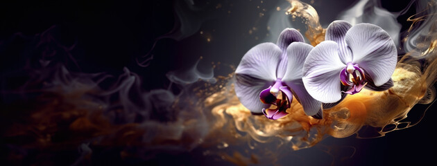 beautiful silver gold pearl black petals purple orchid branches of dark colors transparent petals are beautiful and smooth like feathers, the background is blurred light gold smoke. - obrazy, fototapety, plakaty
