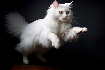 White cat jumping in the air. Generative AI.