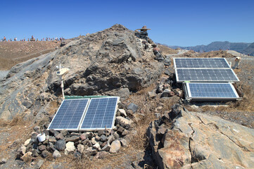 Photovoltaic panels powering a meteorological and seismic station on the Santorini volcano. Greece