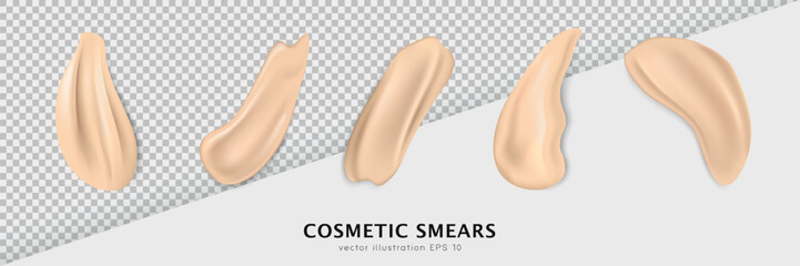 Top view of foundation, concealer, tone cream smears isolated on transparent background.  Collection of 5 realistic stroke samples of makeup product. Creamy texture, various beige cosmetic swatches
