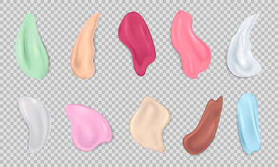  Collection of realistic stroke samples of skincare product different colors. Top view of cream smears isolated on transparent background. Foundation, lipstick, lotion texture, 10 cosmetic swatches