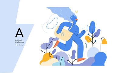 Obraz premium Artificial intelligence, Ecology -modern flat vector concept illustration of AI effectively managing responsible consumption and recycling. Metaphor of AI advantage, superiority and dominance concept