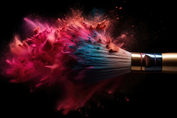Makeup brush with colorful powder explosion or eyeshadow isolated in dark background. generative AI