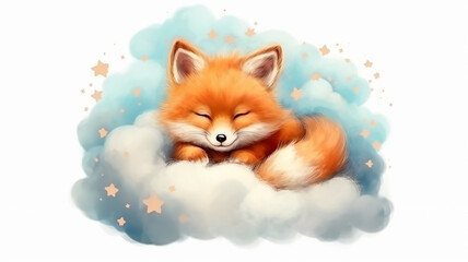Obraz premium a fox cub sleeps on a cloud watercolor on a white background illustration of the little . Generative AI