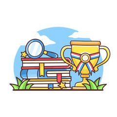 educational cartoon,book stack and trophy.symbol of success and knowledge.back to school vector illustration on white background