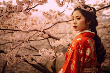 Asian woman in kimono in scenic cherry blossom garden.