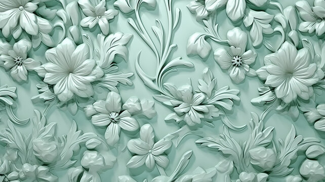 mint background flowers on paper wallpaper in victorian style. Generative AI © kichigin19