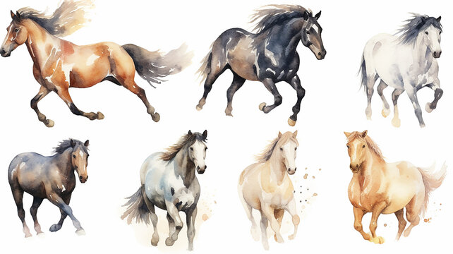 Collection of running horses on a white background watercolor drawing. Generative AI